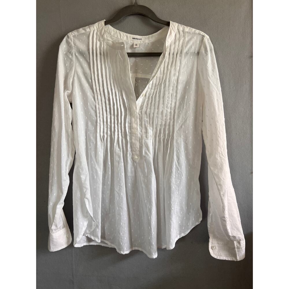 Westport White Swiss Dot Pintuck Button Blouse XS Cotton India Long Sleeve